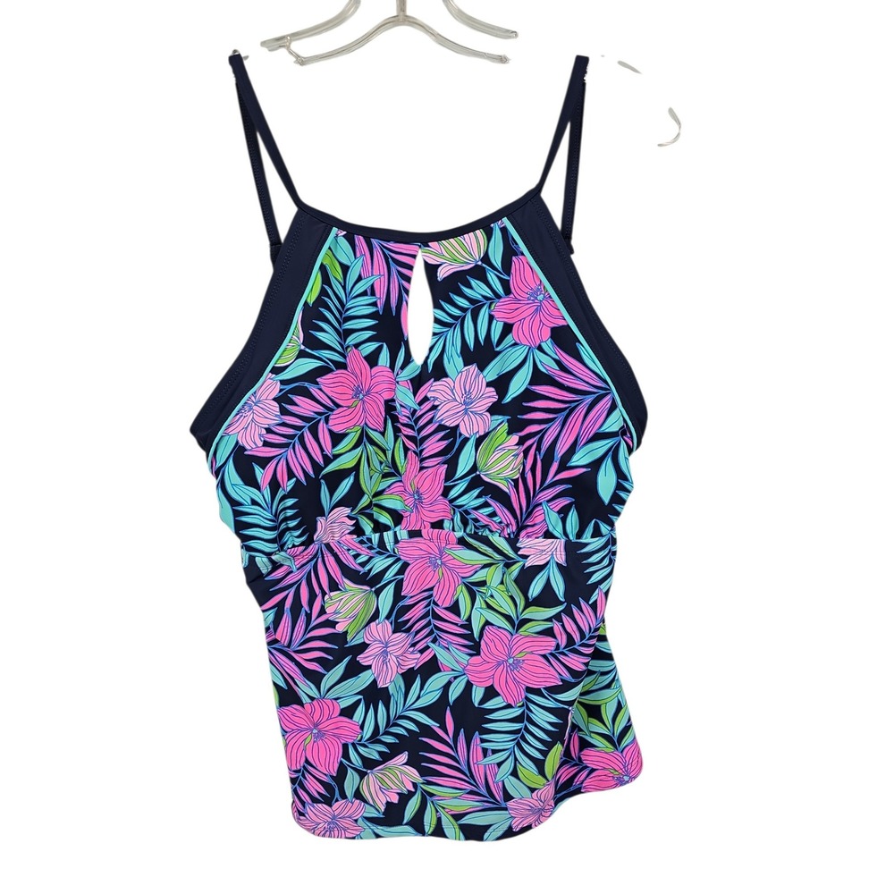 Ellen Tracy Tankini Top Tropical Floral High Neck Navy Pink Women XXL